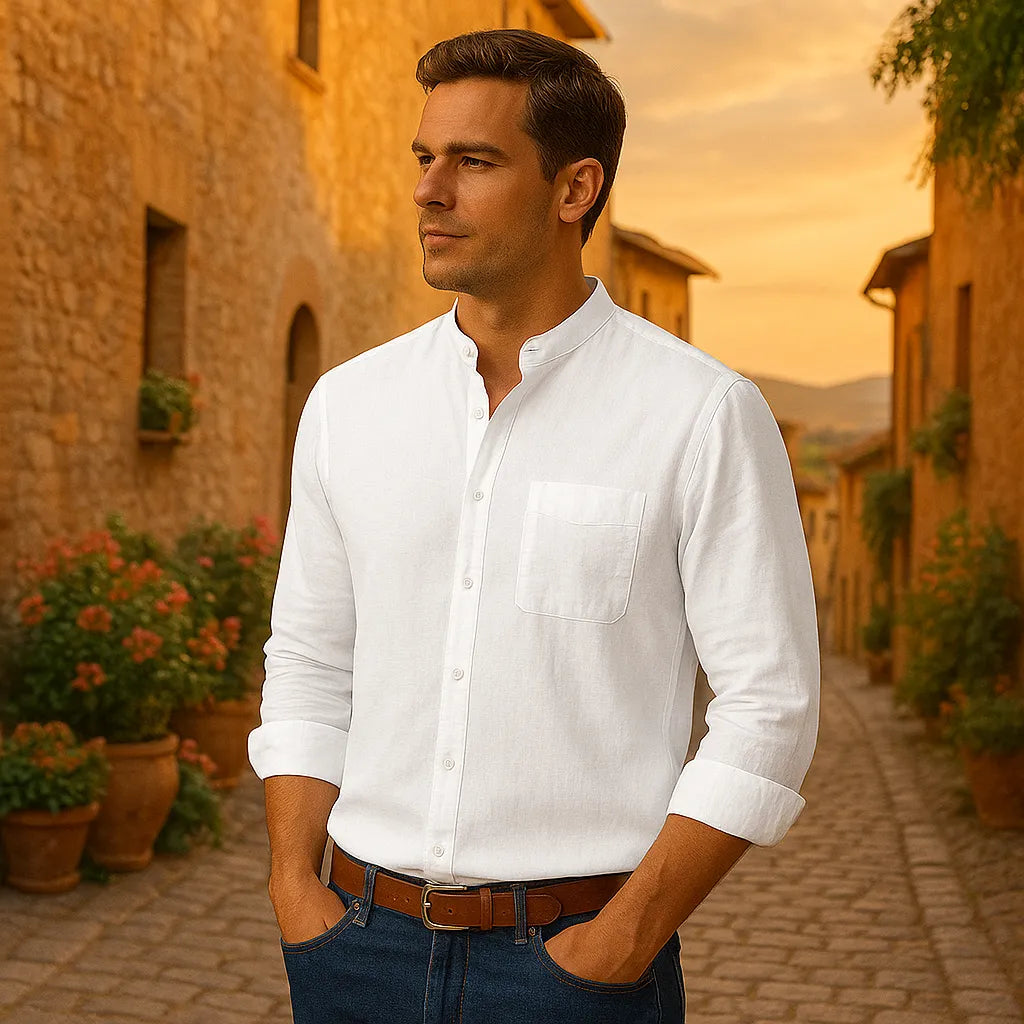 Camicia in Lino “Capri” – Manica Lunga e Collo alla Coreana Old Milano